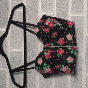 Tarea by Rue21 Women's Black Pink Floral Zipper Front Bra Crop Top Size 34C